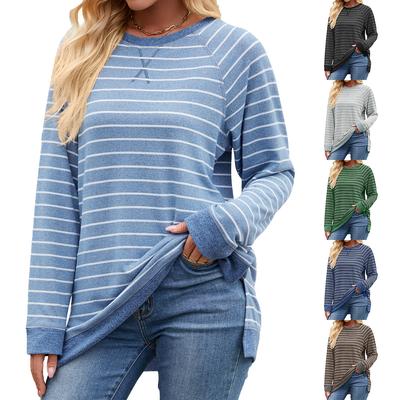 2024 Осень и зима Новая полосатая контрастная круглая горловина с длинными рукавами свободная повседневная футболка для женщин