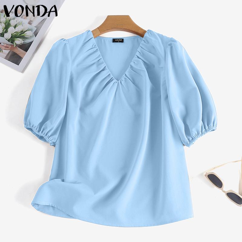 VONDA Women Summer V-Neck Puff Short Sleeve Blouses