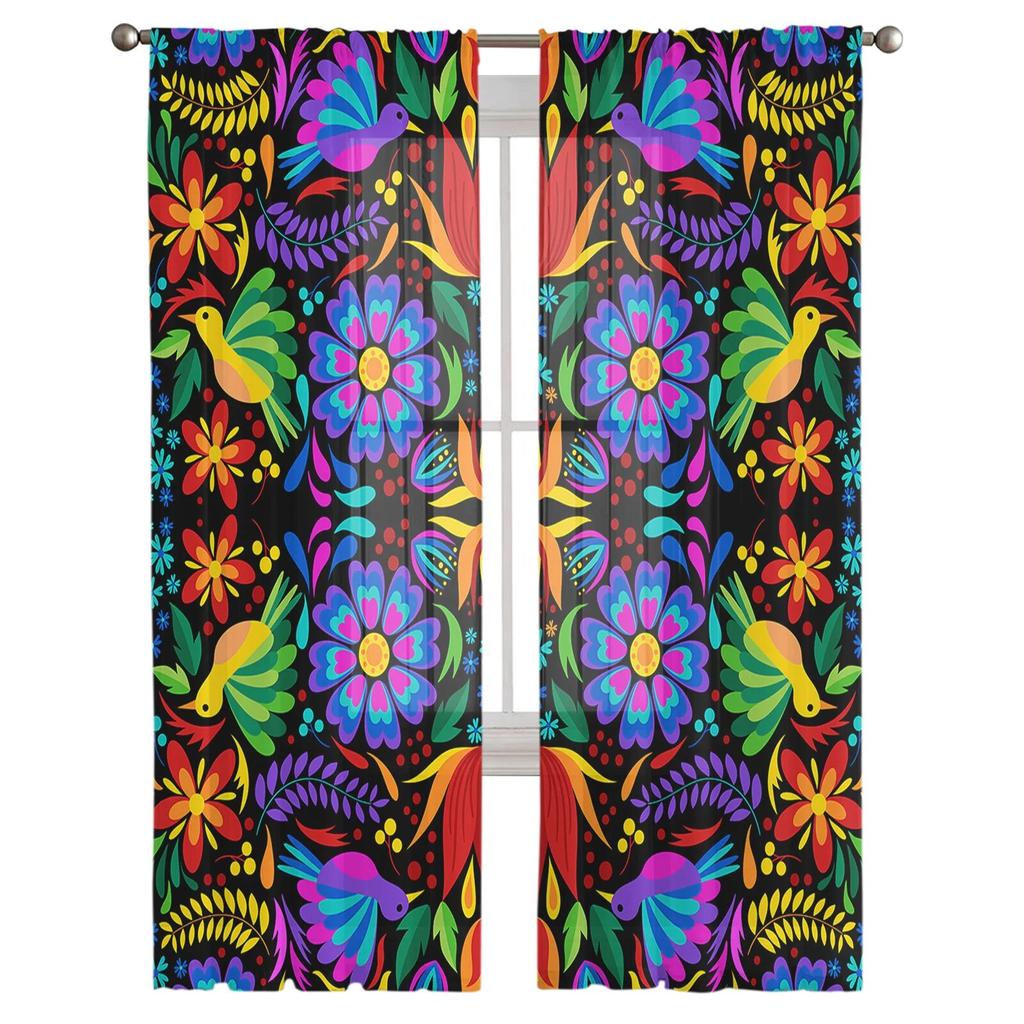 Красочные Мексиканские тюлевые оконные шторы с абстрактным цветком для спальни, гостиной, вуали, декоративные прозрачные шторы, шторы