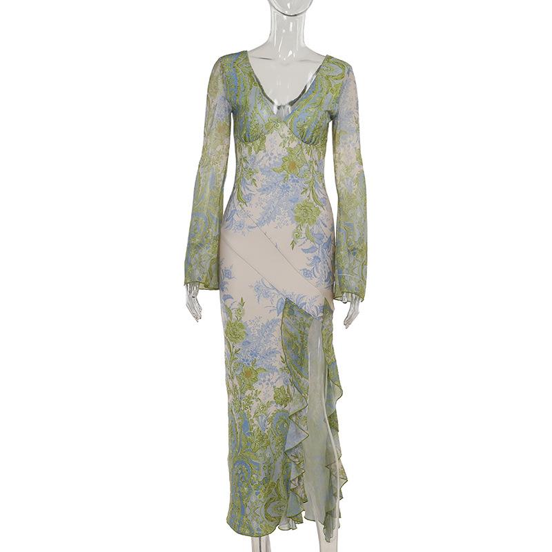 European and American V-neck Asymmetrical Printed Sexy Slim Side Split Dress