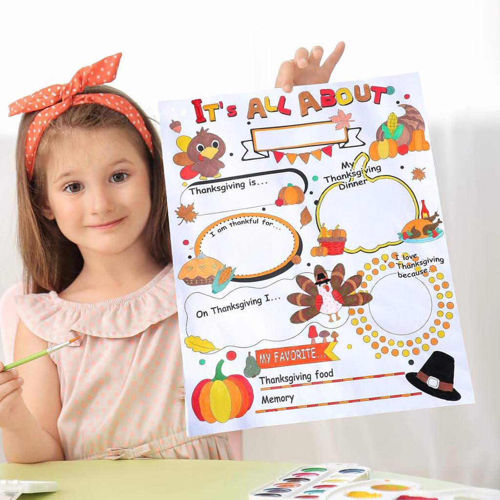 AmazingSpark 60 Pcs Thanksgiving Coloring Craft for Kids 13 x 11 Inch All About Thanksgiving Posters Storytelling to Color Paper Activities for