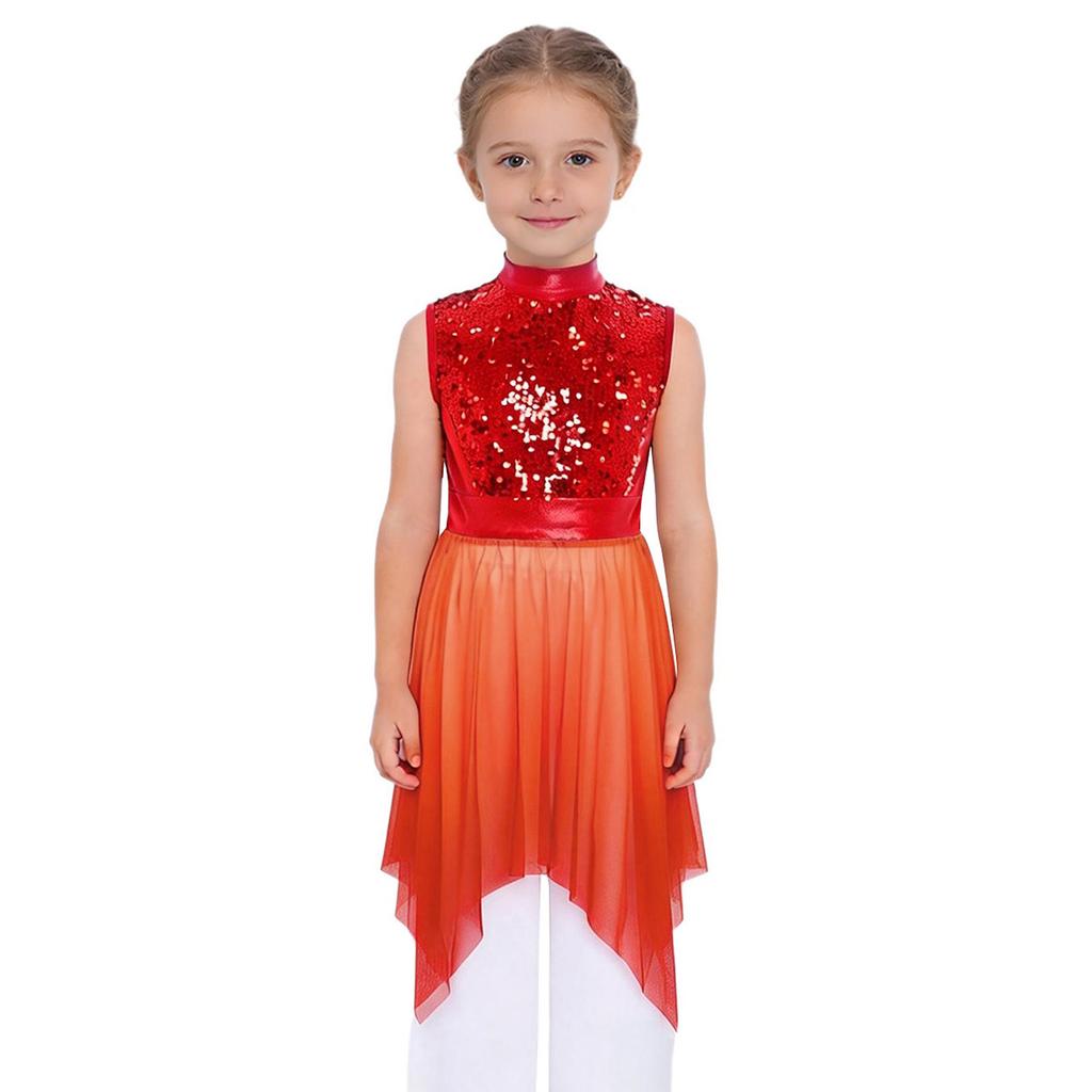 Girls Worship Praise Dance Tunic Dresses Mock Neck Sleeveless Asymmetrical Hem Shiny Sequins Bodice Dress Contemporary Dancewear