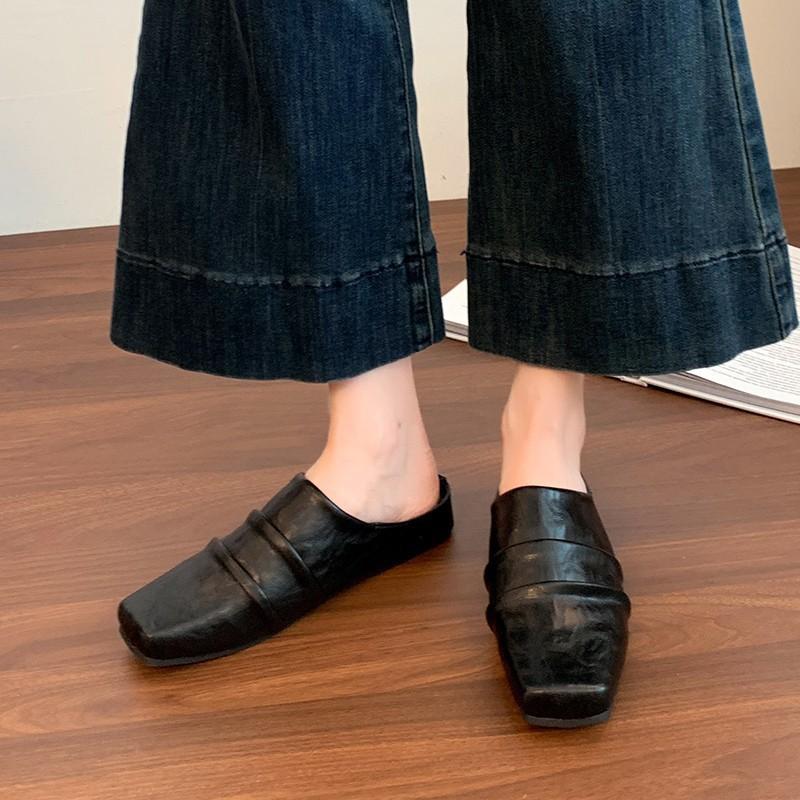 Полутапочки на толстой подошве с плиссированным верхом, женская обувь большого размера, весна-лето 2025, туфли из маленькой кожи с квадратным носком, крутые женские тапочки