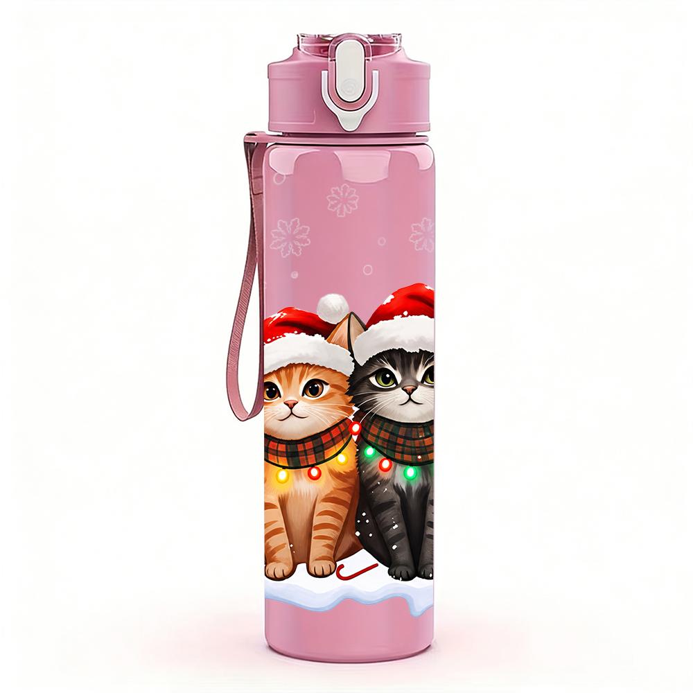 1PC Santa Hat Three Cats Christmas 750ml Color Plastic Sports Water Bottle Leakproof Flip Straw Lid Suitable for Sports Office Home Use