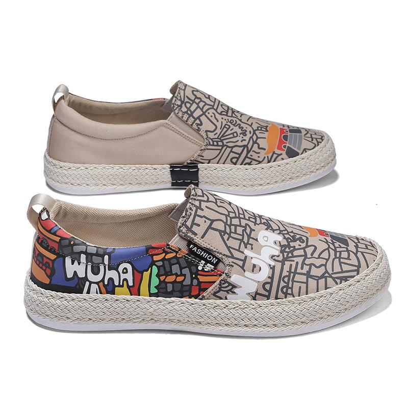 Мода 2022 Черные Летние Слипоны с Принтом Мужские Холщовые Туфли Дышащие Платформа Плоская Подошва Для Мужчин Комфортные Мужские Лоферы Повседневные