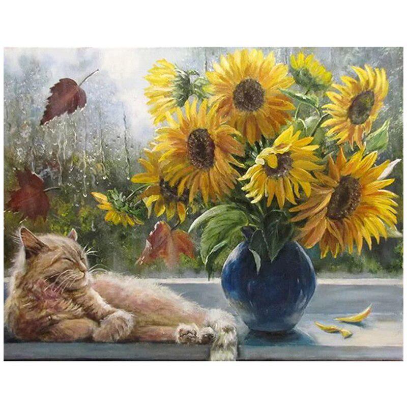 Алмазная вышивка горный хрусталь Ваза с подсолнухом под кошкой хрустальная мозаика полная дрель