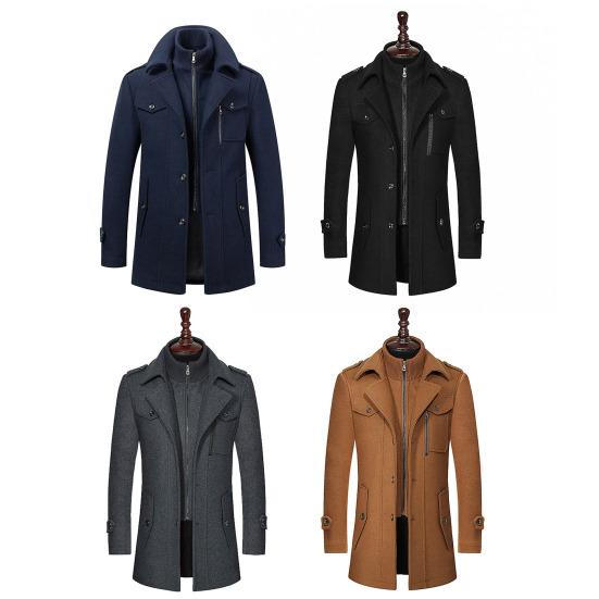 Мужское шерстяное пальто со стойкой воротником и лацканами, длинным рукавом, однотонное, средней длины, деловое пальто, застежка на молнию и пуговицы, рабочая ветровка