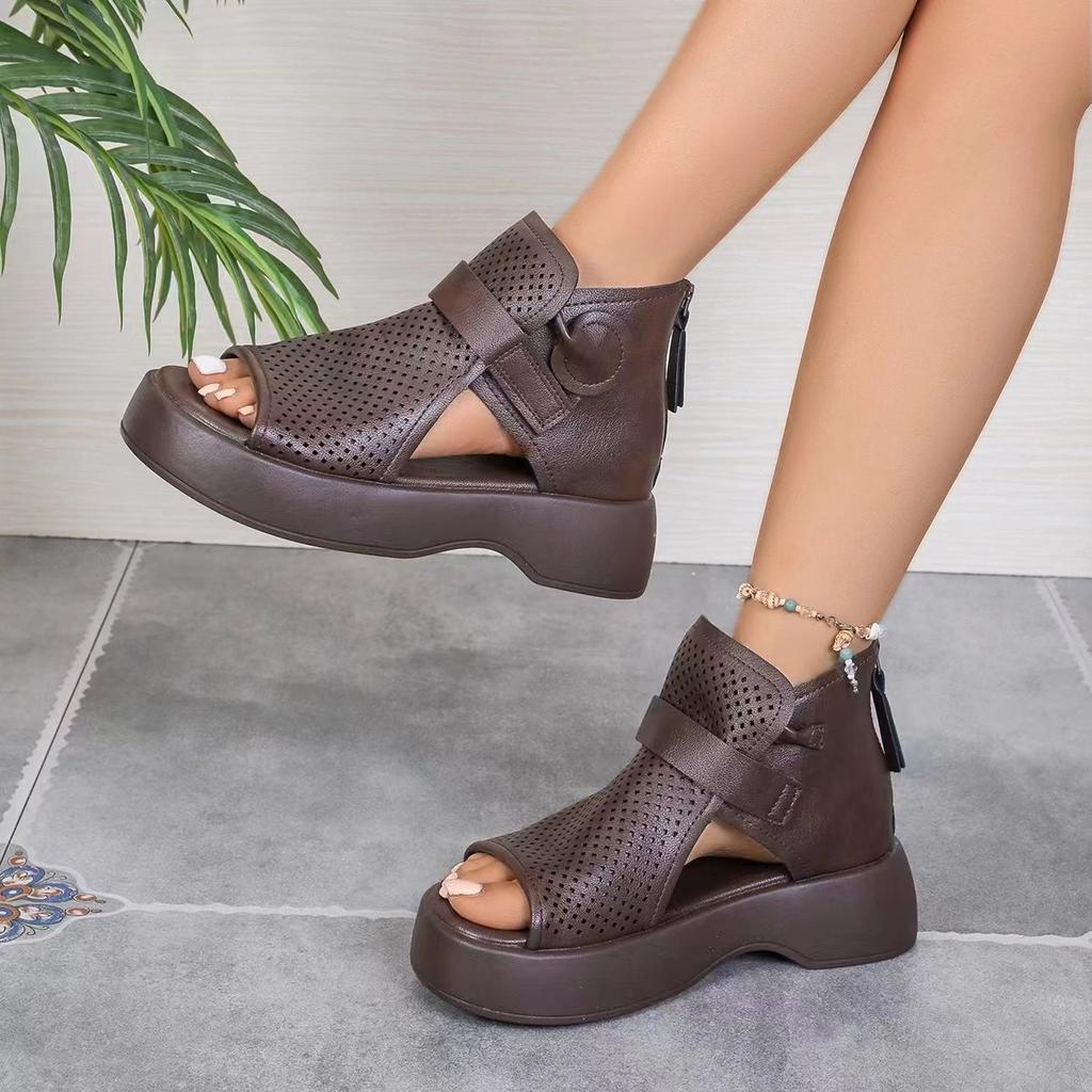 Fashion New Women's Hollow Breathable Hole Shoes Thick Sole Leather Fish Mouth Hook Loop Retro Comfortable Wedge Sandal Plus Size 43