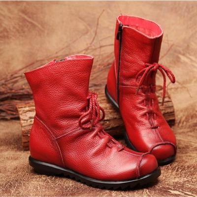 Женские ботильоны Осень и Зима Ретро Натуральная Кожа Короткие Ботинки Термообувь Новая Обувь на Низком Каблуке Женские Ботильоны