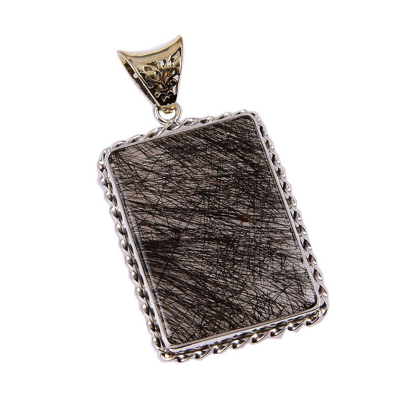 Natural Black Rutile Gemstone 925 Solid Sterling Silver Gift Pendant 2.75" L9c53