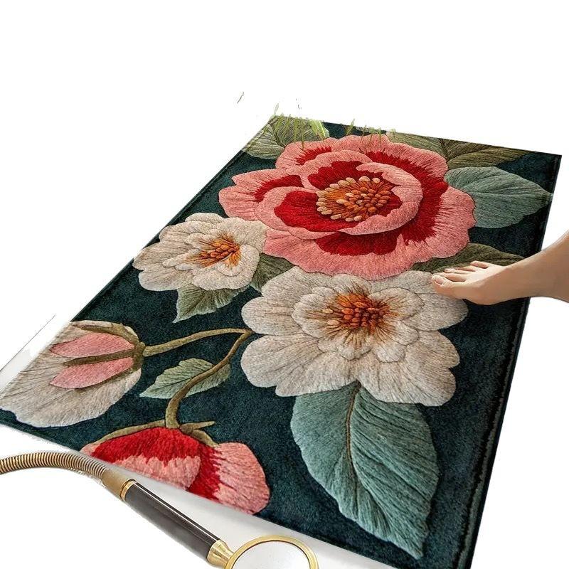 3D Цветочный Противоскользящий Коврик, Имитирующий Кашемир Коврик для Пола, Грязеотталкивающий и Легкий в Уходе Придверный Коврик для Входной Двери и Фойе, Впитывающий Коврик для Ванной