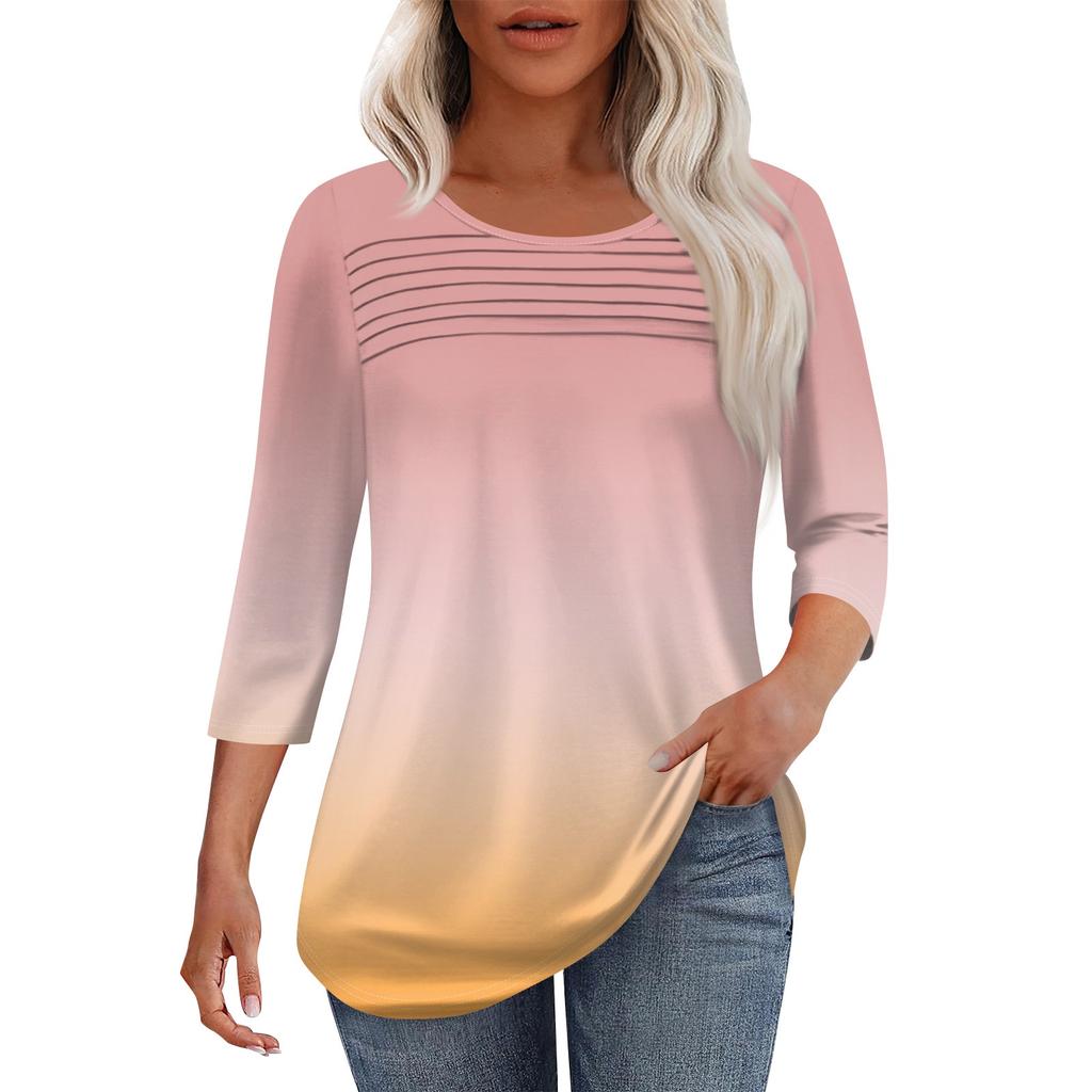 Women's Fashion Round Neck Pleated Front Placket Solid Color 3/4 Sleeve Top