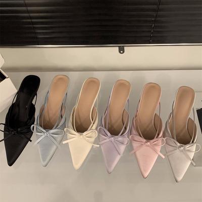 Толстый каблук бант сумка голова полутапочки туфли феи атласный темперамент полуподнос одинарные туфли