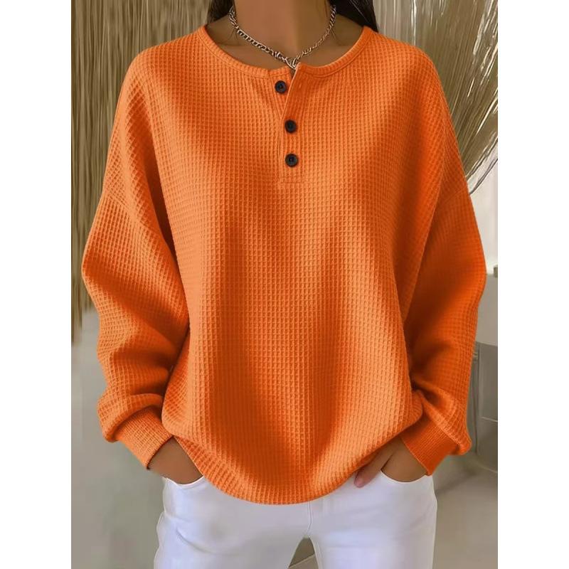 Женская толстовка-henley с круглым вырезом и длинным рукавом, свободного кроя, в винтажном стиле, однотонная, вафельная вязка, пуловер для весеннего повседневного образа