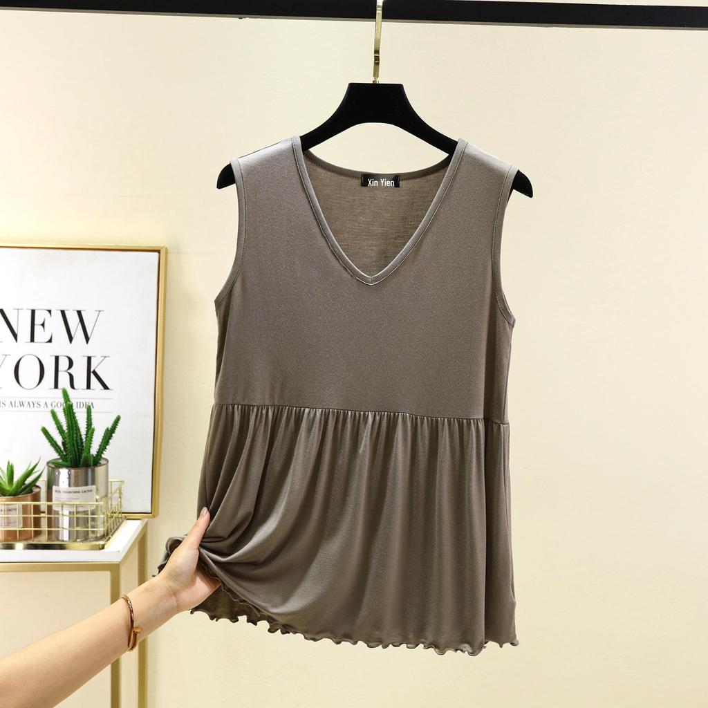 Женская летняя модальная майка с V-образным вырезом - Большой размер, однотонная, облегающая майка