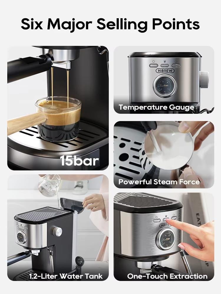 HiBREW Espresso Coffee Machine Cafetera Semi Automatic Coffee Maker 20Bar Visual Temperatura H5A