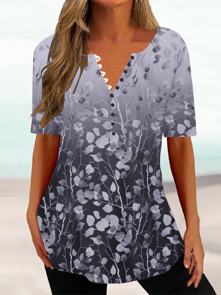 Женская летняя футболка с цветочным принтом и V-образным вырезом, с короткими рукавами, женский винтажный топ средней длины, свободный топ, женская одежда