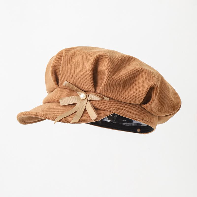 Hat Women's Versatile Bow Folded Octagonal Hat Autumn Face Small Warm Baotou Hat American Retro Painter Hat