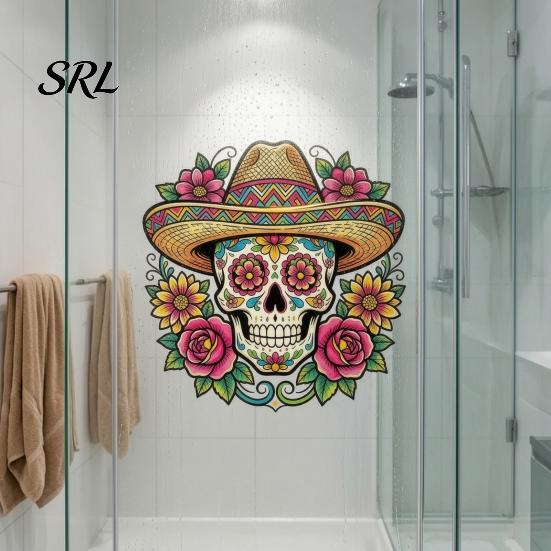 Customizable Vinyl Wall Graphics Flower Skull Sticker, Day of The Dead Decorative Mexican Style Festival Ornaments Decals, Waterproof PVC Removable