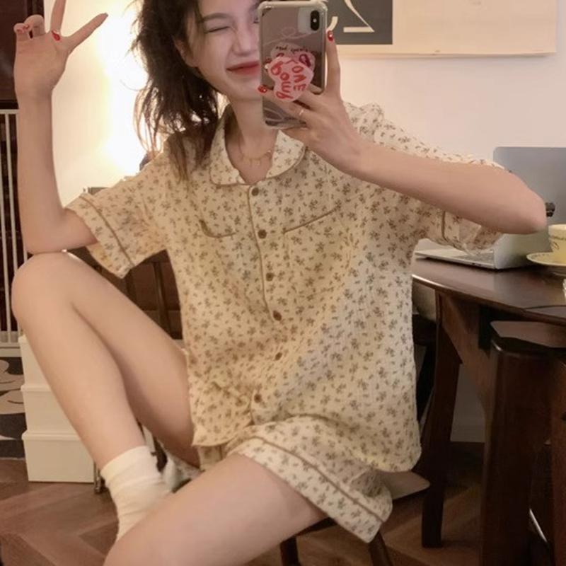Пижама с цветочным принтом, женский пижамный комплект, корейская летняя пижама из 2 предметов, милая домашняя одежда для студентов