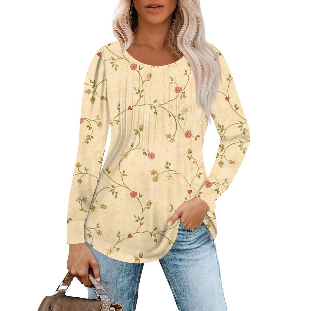 Рубашки с длинным рукавом для женщин, топы, нарядные повседневные блузки, плиссированные топы-туники с круглым вырезом