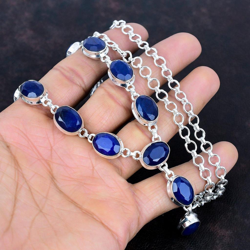 Ожерелье с граненым синим сапфиром, драгоценный камень, ручная работа, ожерелье с камнем, ювелирное украшение из стерлингового серебра 925 пробы, регулируемая цепочка, подарки для матери