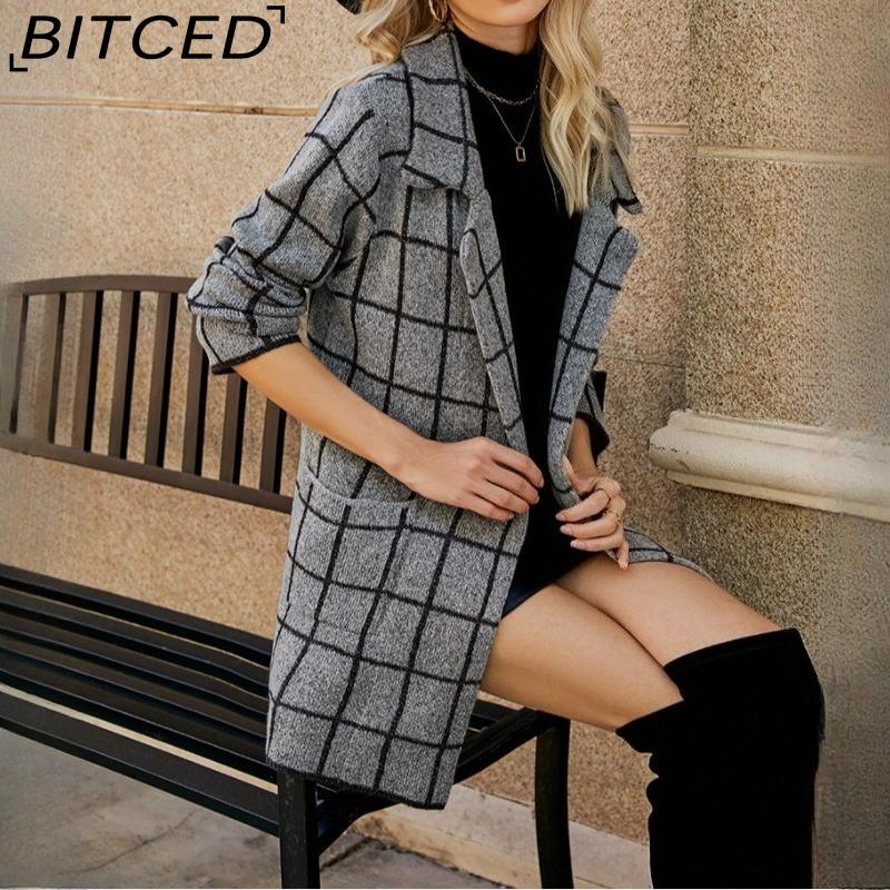 BITCED Autumn/Winter Long-Line Sweater: Colour-Blocked Houndstooth Knit Cardigan with Elegant Commuter Style Tailored Blazer with Suit Collar