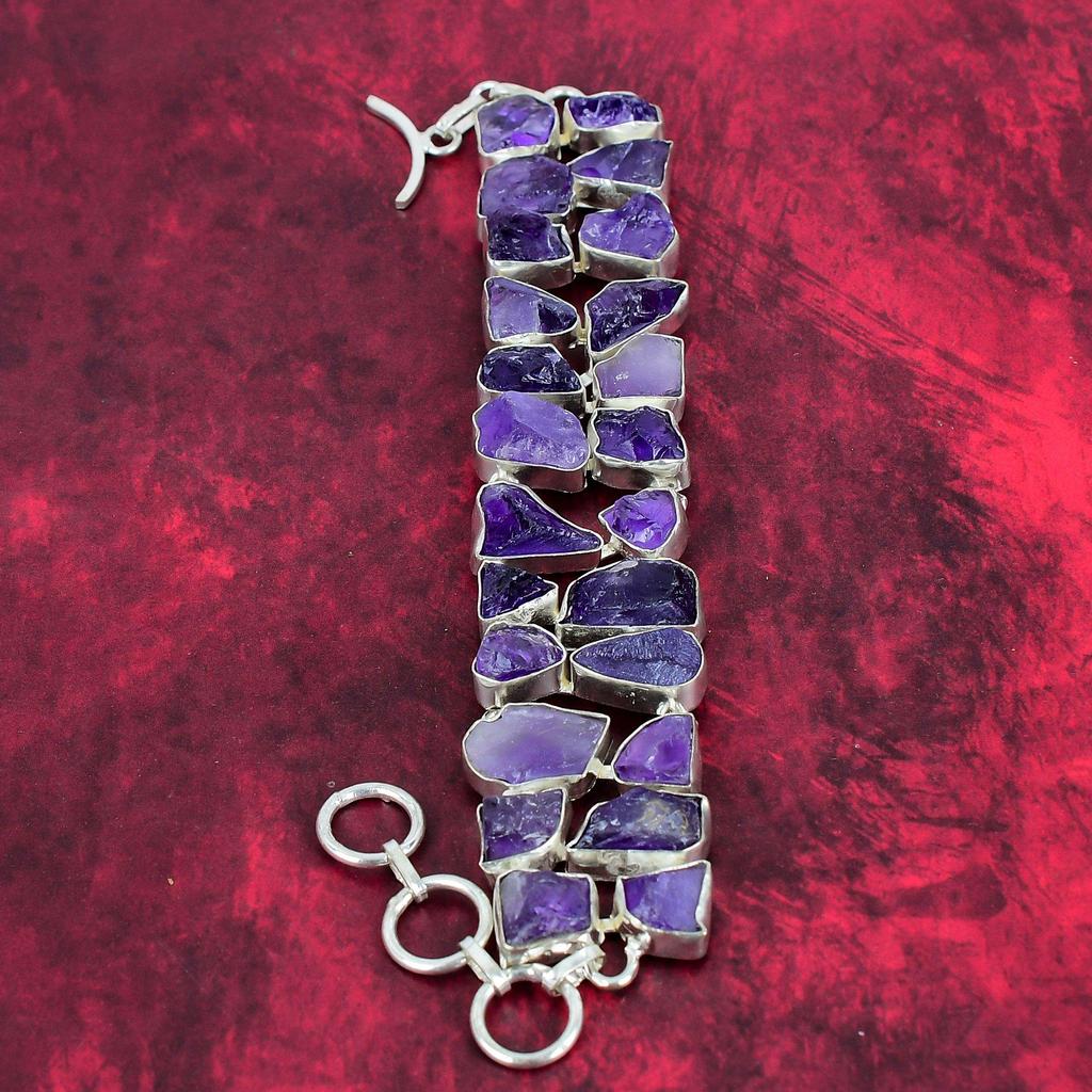 Ювелирные изделия из браслета с грубым аметистом, Ювелирный браслет из стерлингового серебра 925 пробы, Браслет-цепочка Привлекательные украшения из аметиста, Браслет ручной работы для нее