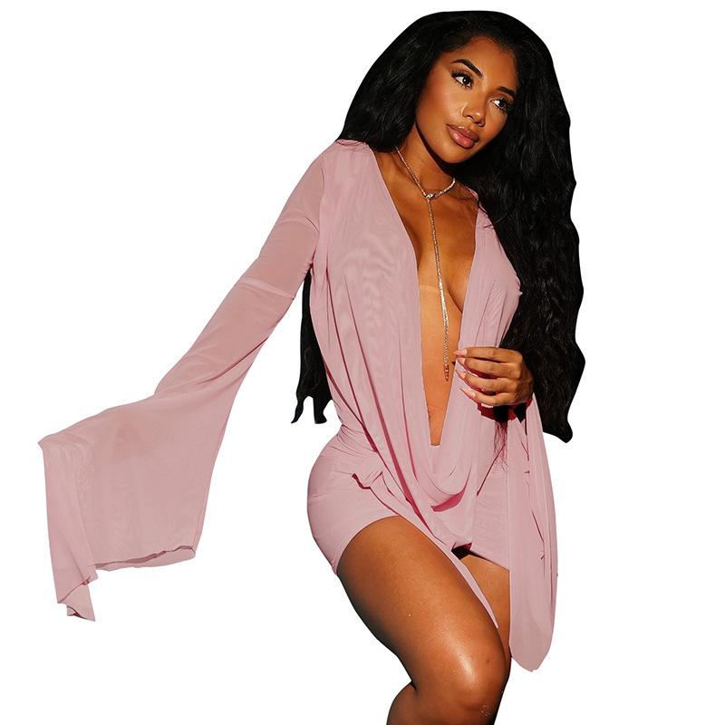 European-American Women's Mesh Ruffle Collar A-line Dress with Open Back