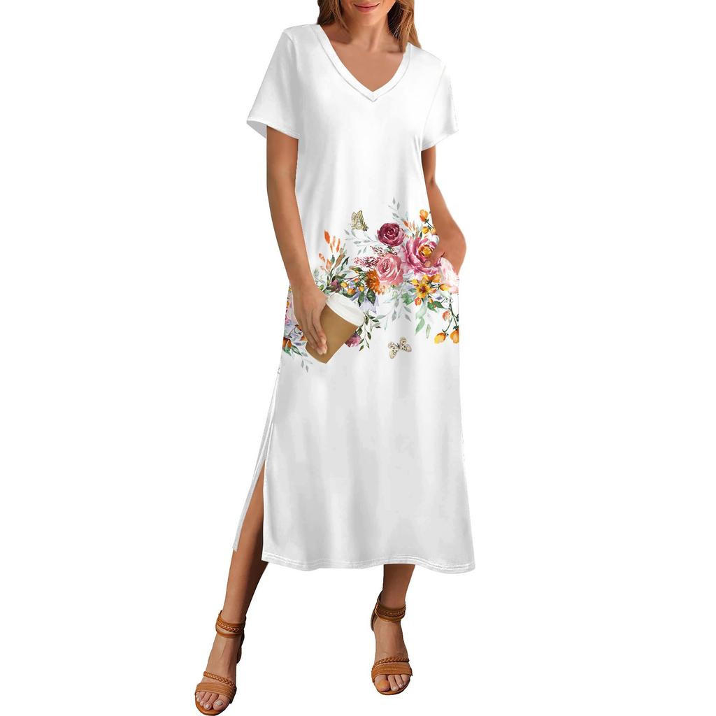 Women's Summer Floral Print Dress Short Sleeve Beach Dress With Pocket Casual V-neck Hem Side Slit Dress