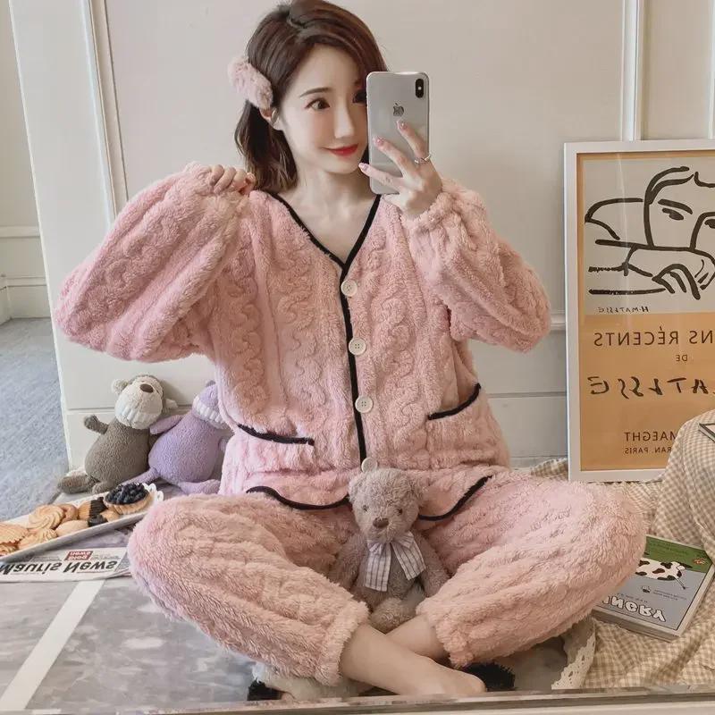 Women's Plus Velvet Flannel Pajama Set - Sweet, Warm, Solid Color Homewear for Autumn and Winter