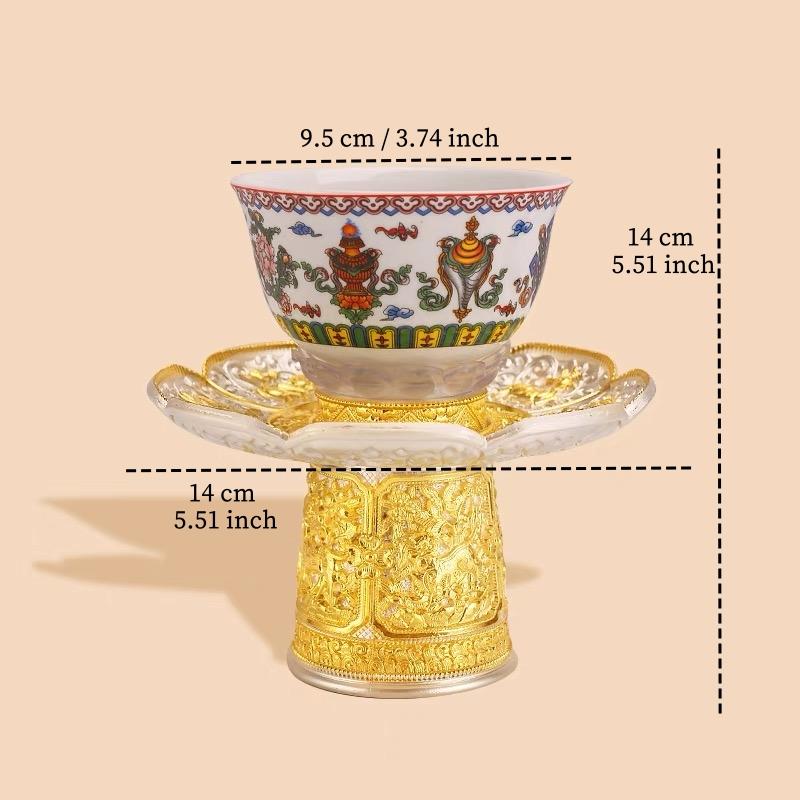 Серебряная буддийская высокая чаша из сплава, тантрическая чаша для святой воды, выгравированная восьмерка благоприятных символов из фарфора, тибетская настольная декоративная чаша