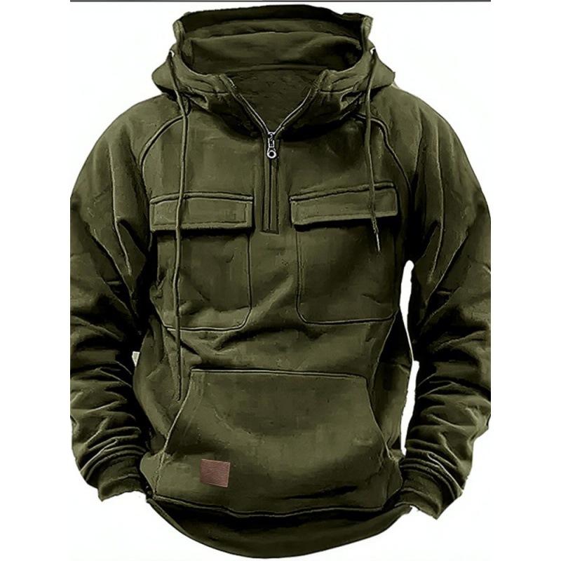 New Men's Solid-Colour Hooded Sweatshirt with Multiple Pockets Leather-Patch Detail Zip-Up Jacket