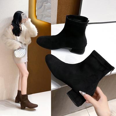 Обувь женская новые ботинки осень квадратный носок толстый каблук маленькие ботинки показывают рост весна и осень замшевые короткие ботинки