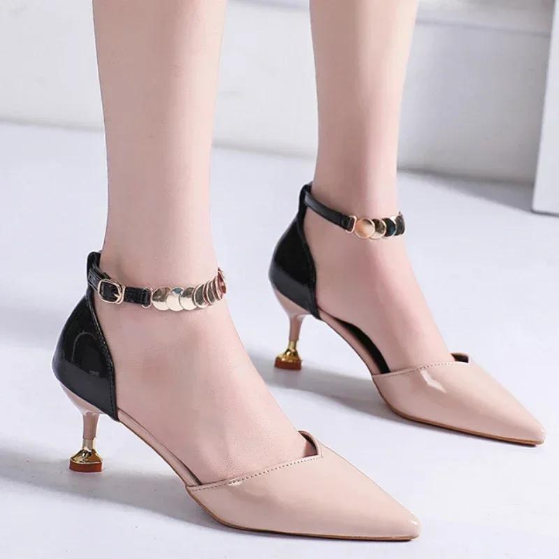 Модная женская обувь 2024 года, горячая распродажа, женские туфли на высоком каблуке с пряжкой и ремешком, модные туфли-лодочки с пайетками, женские сексуальные туфли с острым носком, женские туфли-лодочки