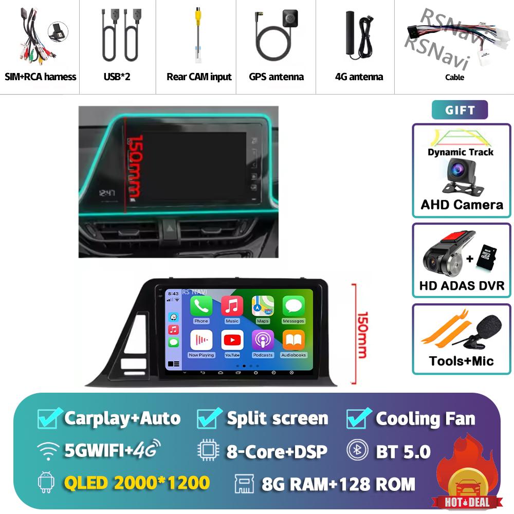 Android 14 Carplay Auto Для Toyota C-HR 2016 - 2020 Автомагнитола Мультимедийная стереосистема Камера 360 Навигация Видео ИИ Голосовое управление GPS