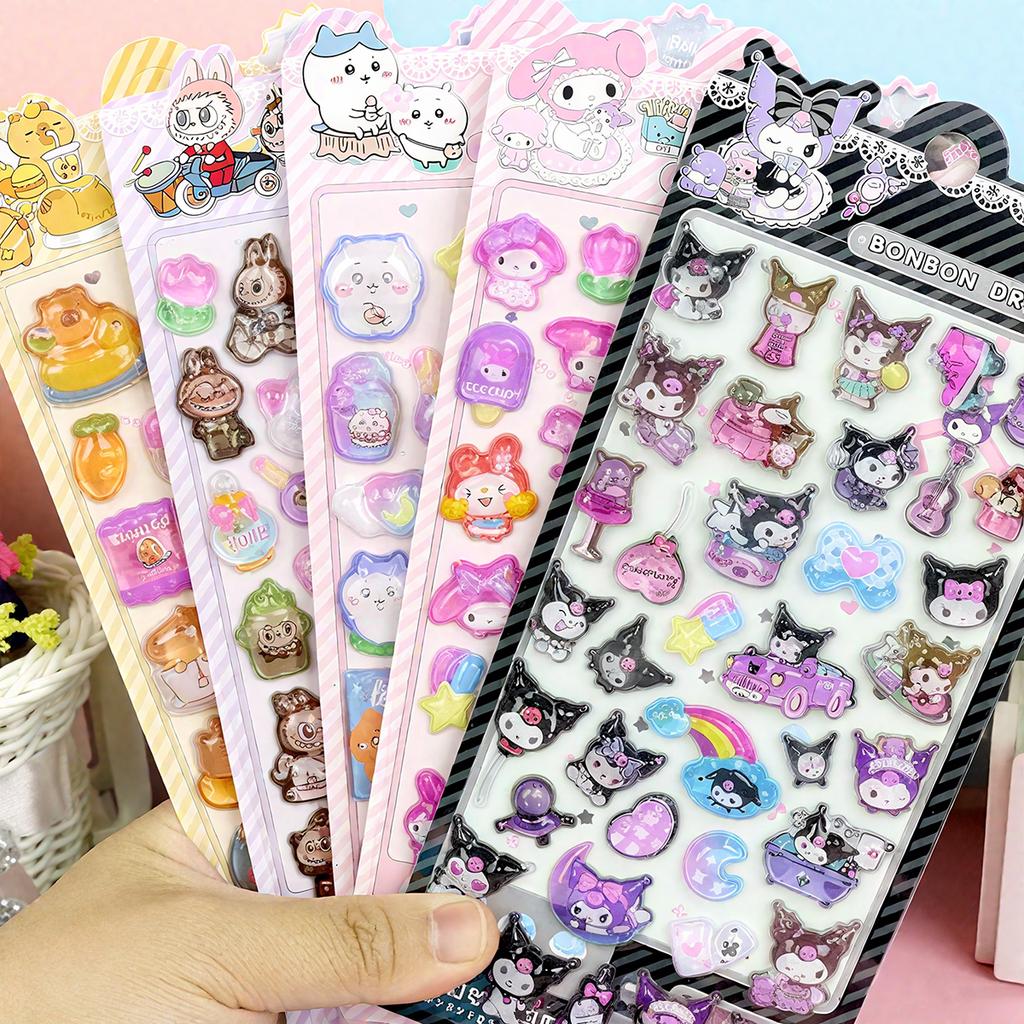 4 PCS Cartoon Sanrio Characters Kuromi Stickes 3D Stereo Crystal Sticker Handbook DIY Cute Creative Stickers
