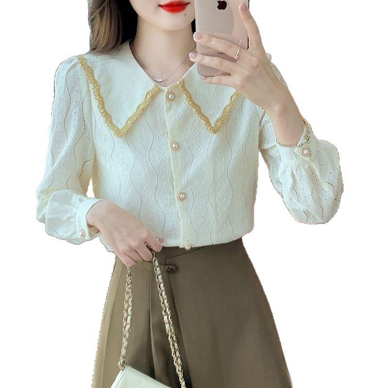 Женская шифоновая блузка с воротником Питер Пэн на весну и осень 2025 года - Новая модная кружевная рубашка