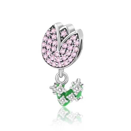 Charms Heart Beads Pink Dangle Charm Flower Pendant Diy Jewelry Fit Original Copper Bracelet Necklace Clip