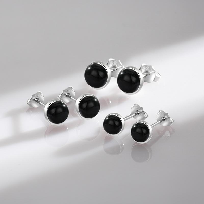 Natural Black Agate Stud Earrings 925 Sterling Silver Round Daily Hypoallergenic Earring 4mm 5mm 6mm Jewelry For Women