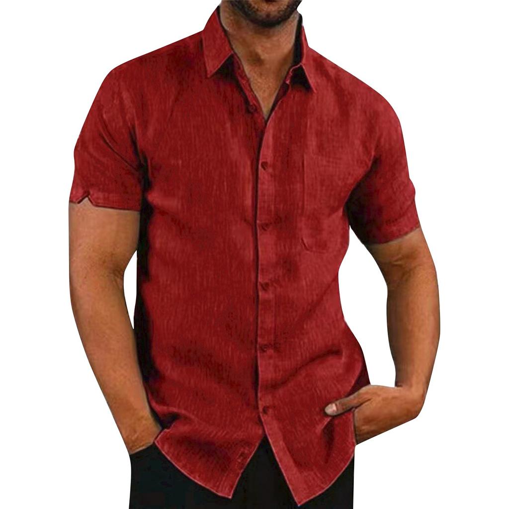 Мужская весенне-летняя повседневная однотонная хлопковая свободная мужская рубашка с лацканами и короткими рукавами, мужские топы