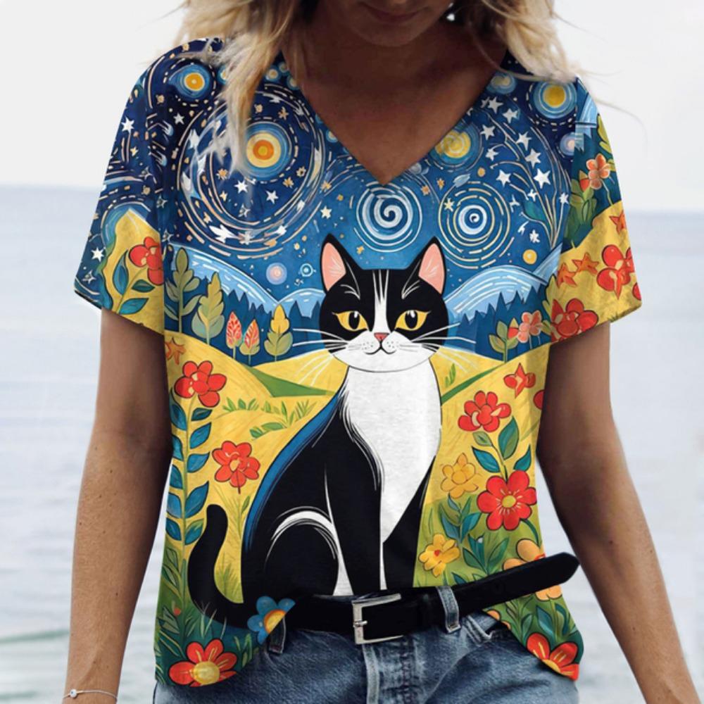 Summer Cartoon Cat Women's T Shirts Vintage Short Sleeve Tops Girls V-Neck Tees Female Clothing Oversized Pullover