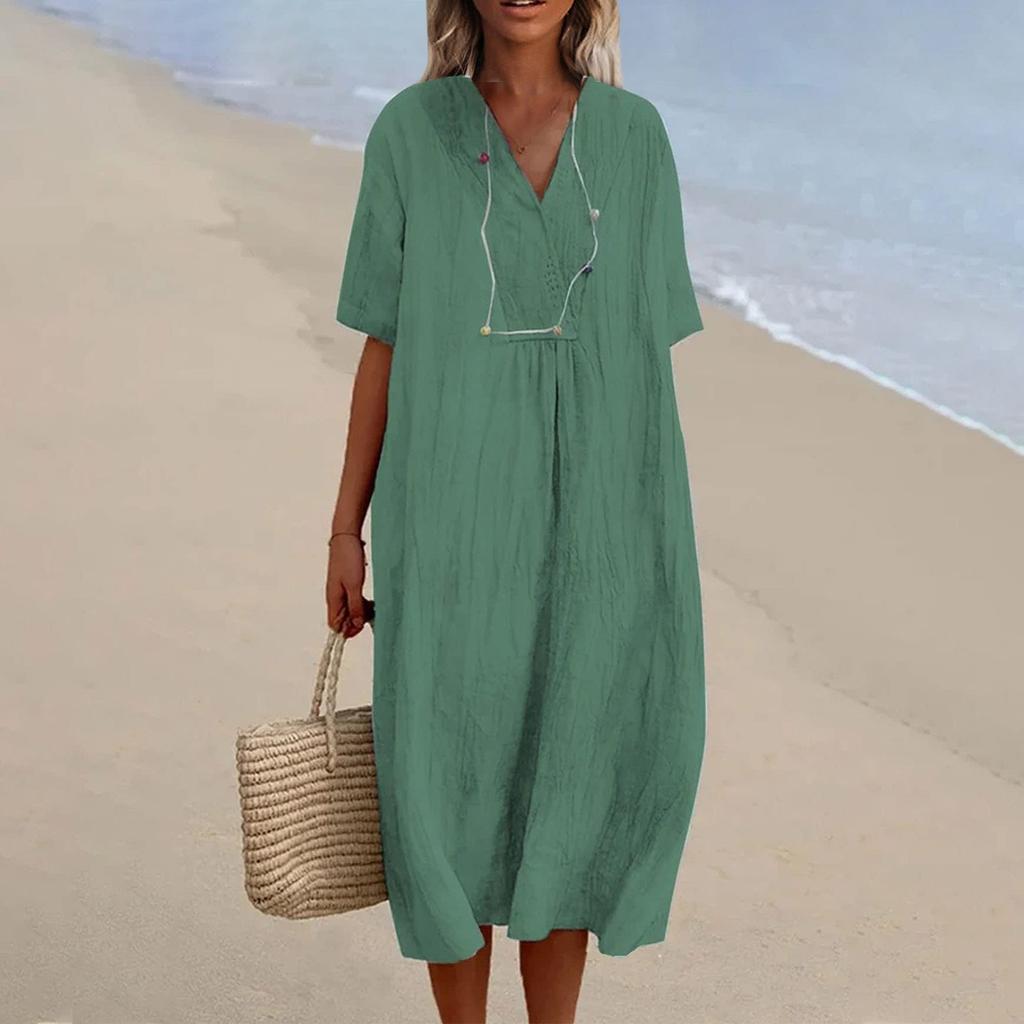 Женские повседневные платья с v-образным вырезом, однотонные платья для отдыха на пляже, свободное время, свободное хлопковое льняное платье-рубашка