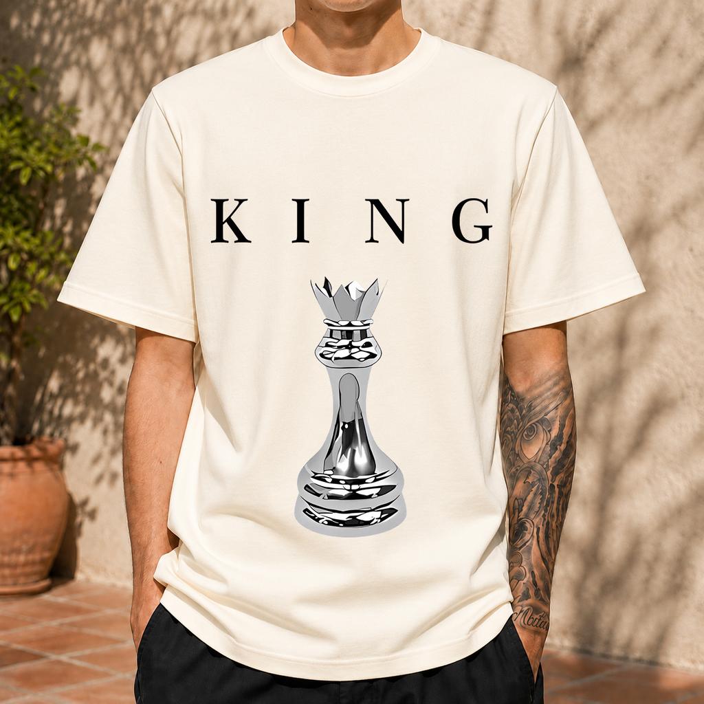 2026 New Pure Cotton Tshirt With Vintage 3d Metallic King Chess Piece Print Crew Neck Casual Short Sleeves