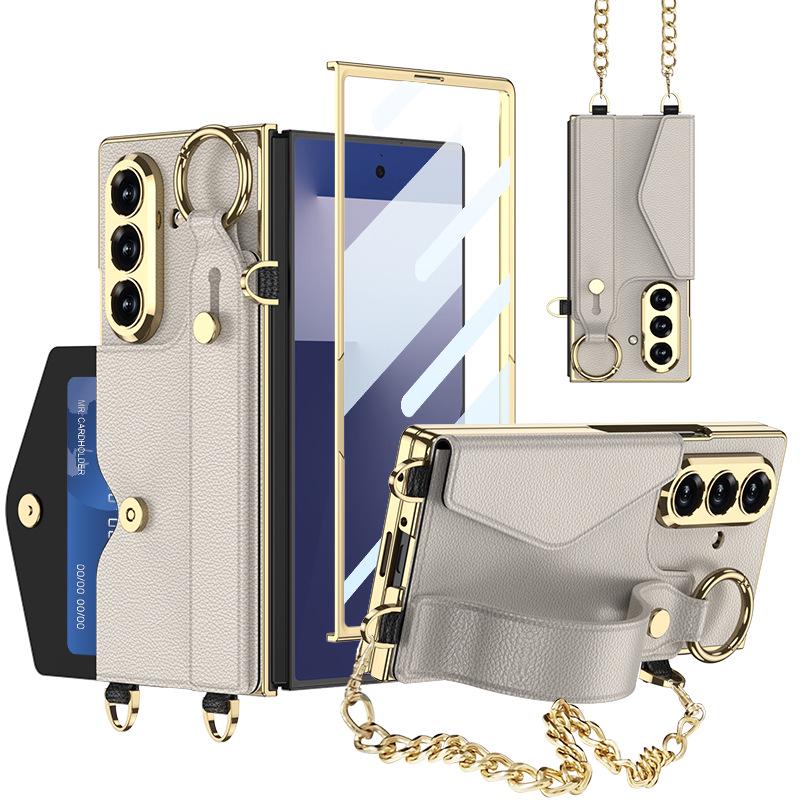 Samsung Z Fold7 Wristband Case: Fashionable Electroplated Leather with Card Holder and Lanyard