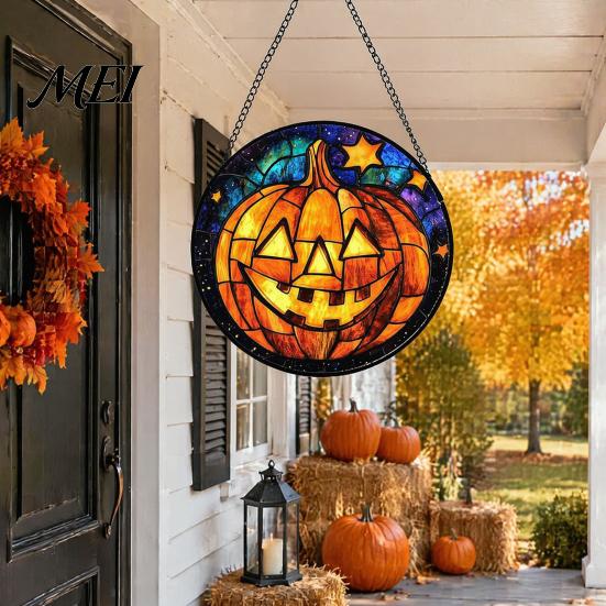 Halloween Window Decorations Stained Glass Suncatcher Ornament, Vintage Hanging Decor with Pumpkin Ghost Bat Witch Unique Holiday Art Hat Pattern,