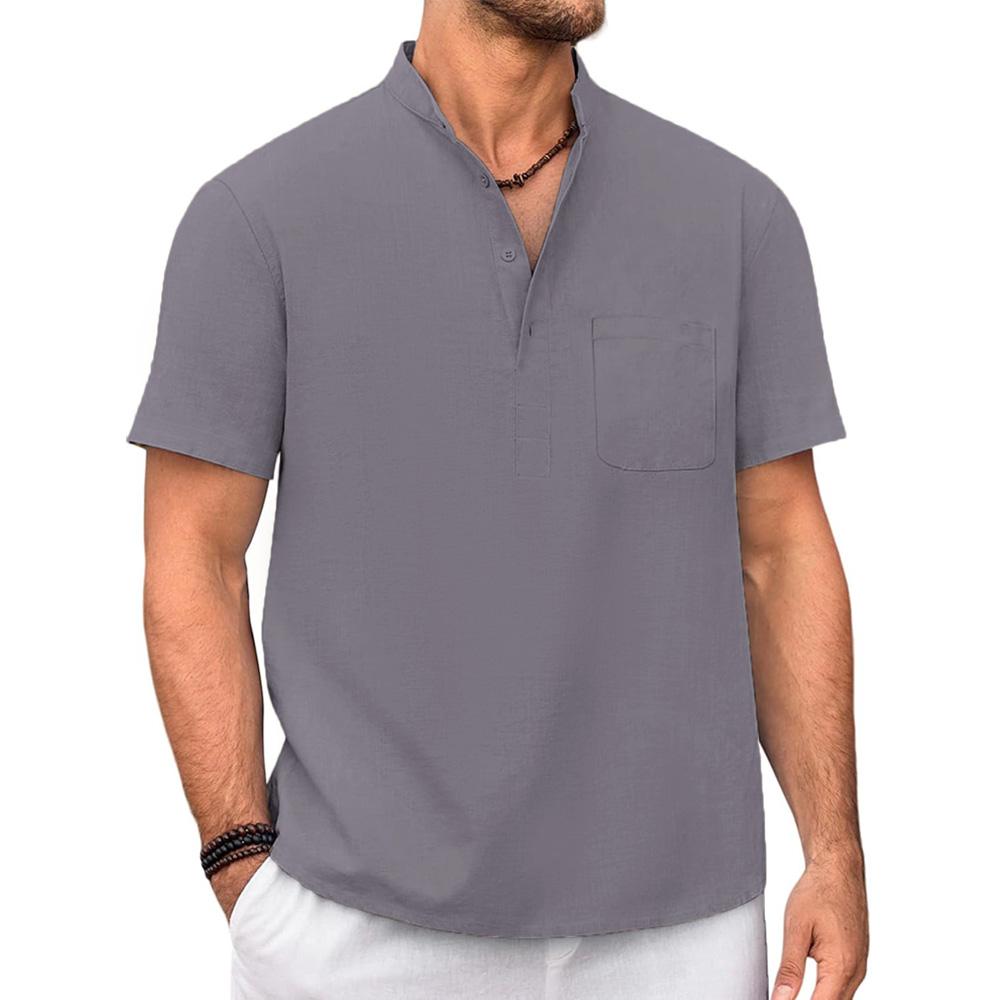 Мужская футболка из хлопка и льна, хенли, повседневная, однотонная, с коротким рукавом, легкая, дышащая, для отпуска, пляжного стиля