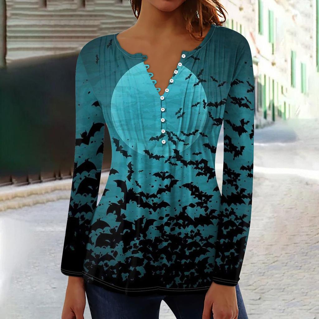 Женский топ с длинными рукавами и плиссированным воротником на пуговицах с принтом Хэллоуина, весна-осень