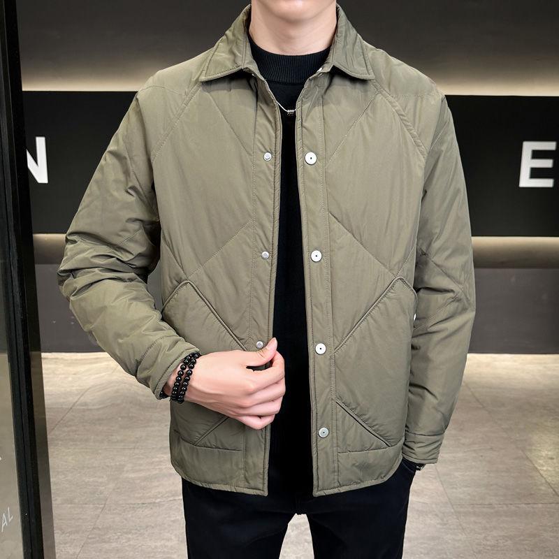 Мужская легкая клетчатая пуховая куртка в корейском стиле с отложным воротником