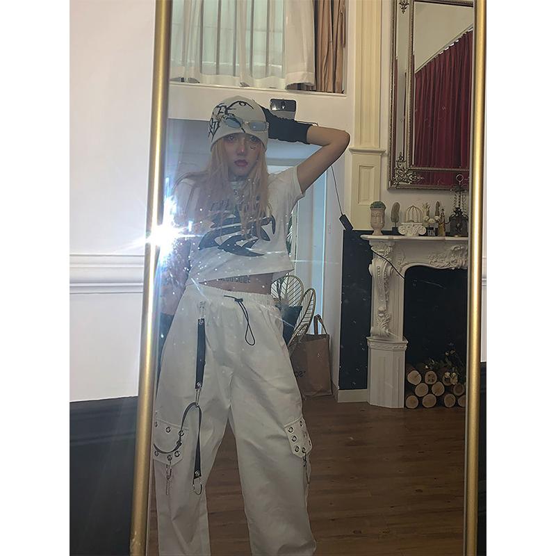 Черные брюки-карго в стиле Харадзюку, женские брюки-карго в готическом стиле с цепочкой, белые широкие брюки, женские хиппи, уличный стиль, эмо-торговый центр, гот